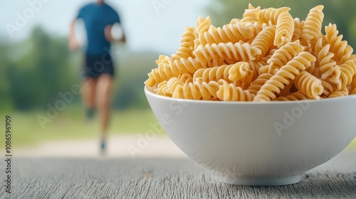 Person running on a scenic trail with a bowl of whole grain pasta in the background, symbolizing carbs fueling an active lifestyle, running and carbs, healthy energy concept