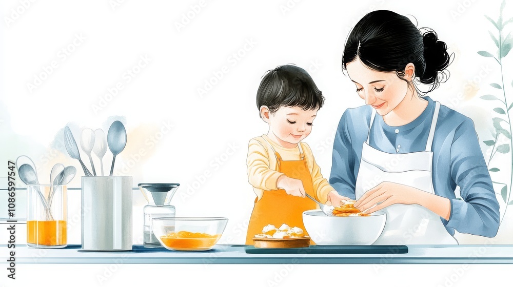 Mom Making Breakfast for Herself and Child Mom Making Breakfast for Herself and Child