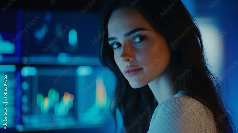 A woman gazes thoughtfully at computer screens displaying financial graphs in a dimly lit, modern workspace late at night A woman gazes thoughtfully at computer screens displaying financial graphs in a dimly lit, modern workspace late at night