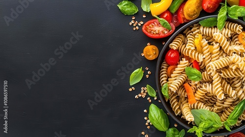 Top view of a meal with whole grain pasta, grilled vegetables, and lean protein, emphasizing healthy carbs, pasta and vegetables, balanced diet