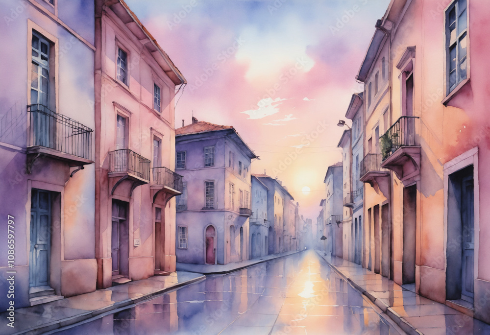 Obraz premium Watercolor Pastel Street Scene at Sunrise