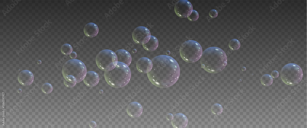 Realistic soap vector bubbles png isolated on transparent background. The effect of falling and flying bubbles. Glass bubble effect.
Realistic soap vector bubbles png isolated on transparent background. The effect of falling and flying bubbles. Glass bubble effect.