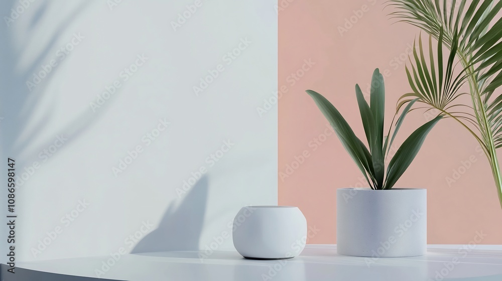 Minimalist Product Mockup with Tropical Foliage and Modern Interior Backdrop Minimalist Product Mockup with Tropical Foliage and Modern Interior Backdrop