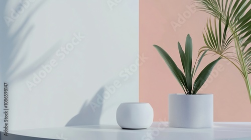 Minimalist Product Mockup with Tropical Foliage and Modern Interior Backdrop