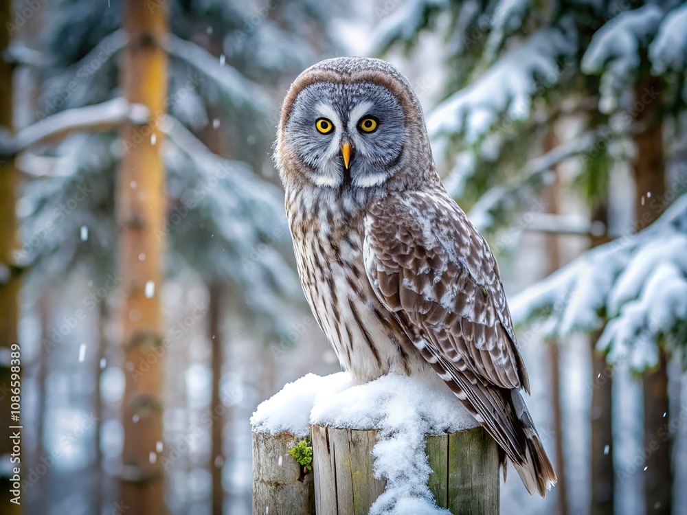 A snowy fence frames the majestic gray owl, a testament to winter's quiet beauty. A snowy fence frames the majestic gray owl, a testament to winter's quiet beauty.