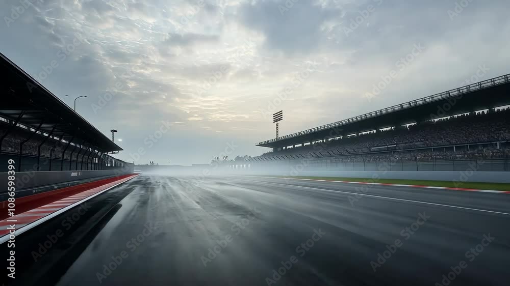 Rainy Race Track: A Dramatic View of a Wet Formula 1 Circuit
