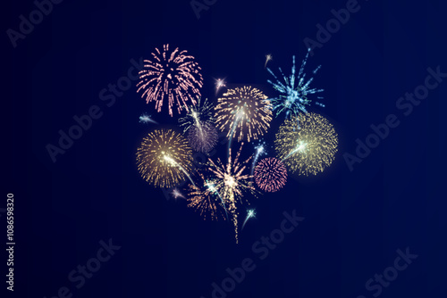 Magic fireworks in the night sky, Christmas background for holiday design, poster, postcard on a transparent background, png. Holiday lights.	
