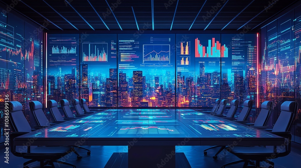 An empty conference room with a large table and chairs, overlooking a futuristic city skyline at night. The table is equipped with advanced technology, displaying data and charts. An empty conference room with a large table and chairs, overlooking a futuristic city skyline at night. The table is equipped with advanced technology, displaying data and charts.