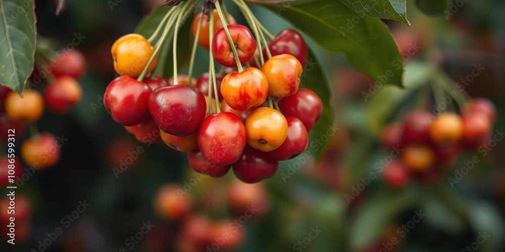 Obraz premium A cluster of vibrant red and yellow Montmorency cherries hanging from a branch, seasonal produce, cherry bunch