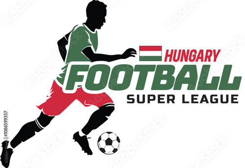 Hungary football league, Soccer ball, Football logo, Footballer Kick the Ball isolated on white background, Vector Illustration