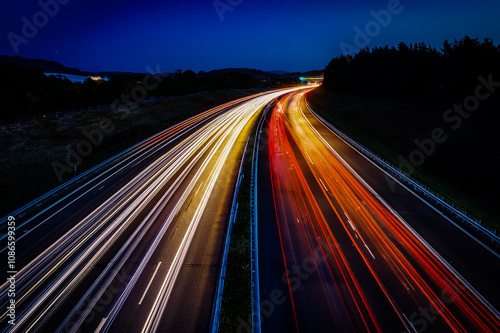 Langzeitbelichtung von fahrenden Autos bei Nacht auf einer autobahn