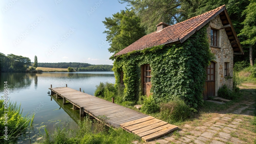Fototapeta premium A cozy countryside cottage with ivy climbing the walls, surrounded by a tranquil lake and lush greenery, featuring a wooden dock, rural landscape, ivy covered, lake scene, garden views, water features