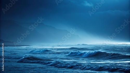 A dark blue gradient background featuring abstract shapes in a state of motion, dynamism, dark blue photo