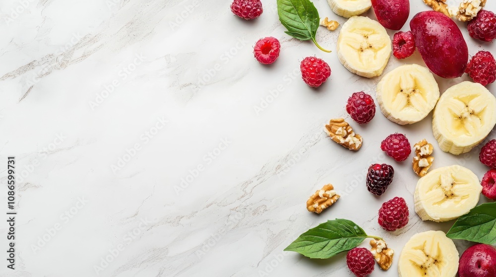 Fruit salad with banana slices, apple, and berries, nutritious diet meal