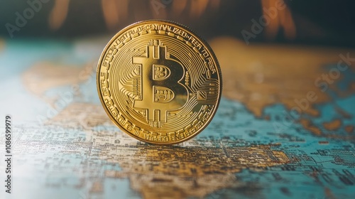 Close-Up of a Golden Bitcoin Coin Balanced on a Vintage World Map, Representing Global Cryptocurrency Investment and Financial Technology Trends photo