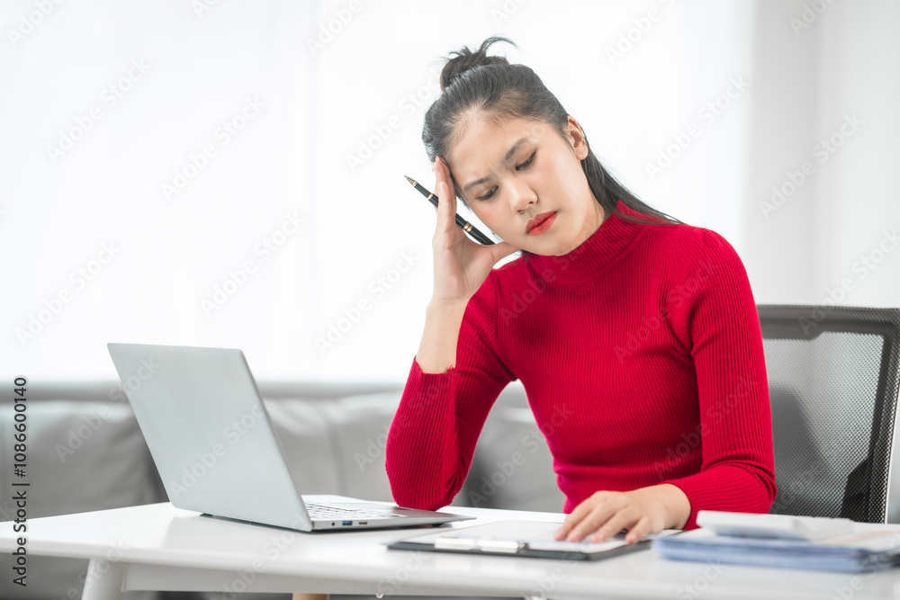 A businesswoman sits at her desk, stressed and anxious while looking at her laptop. She talks online, analyzes tasks, and struggles to plan effectively, battling pessimism and work pressure. A businesswoman sits at her desk, stressed and anxious while looking at her laptop. She talks online, analyzes tasks, and struggles to plan effectively, battling pessimism and work pressure.