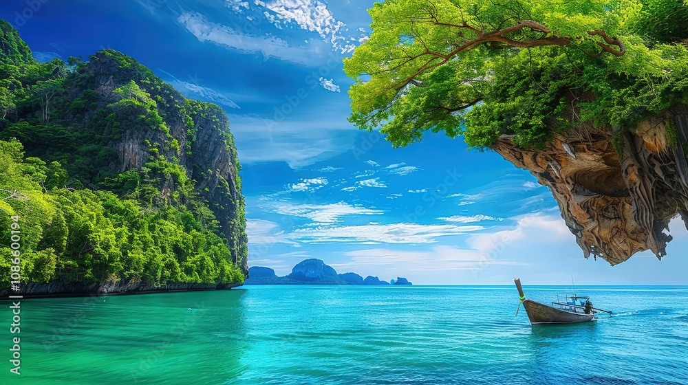 Obraz premium Serene Tropical Landscape with Boat and Blue Waters