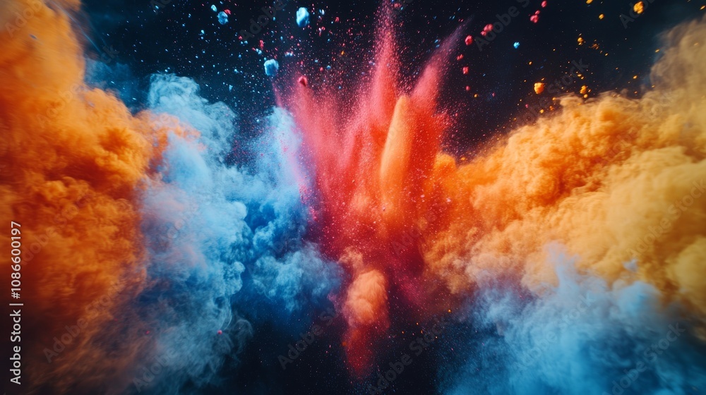 A colorful explosion of powder creates a dynamic abstract design on a black background. A colorful explosion of powder creates a dynamic abstract design on a black background.
