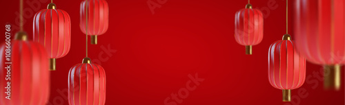 Chinese paper lanterns on red background. Vector realistic illustration of traditional asian decorations with golden tassels, oriental New Year holiday banner or card, festive art, symbol of luck