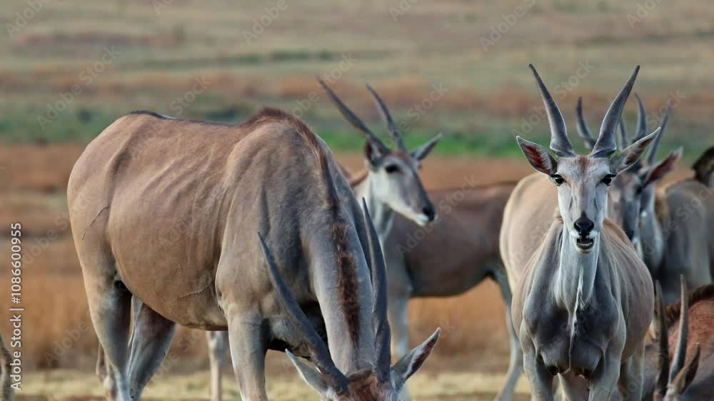 Large herd of African Eland Antelope, inquisitive, cautious on safari Large herd of African Eland Antelope, inquisitive, cautious on safari