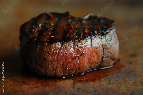 Juicy grilled steak resting on a wooden cutting board after cooking in the warm evening glow. Generative AI photo