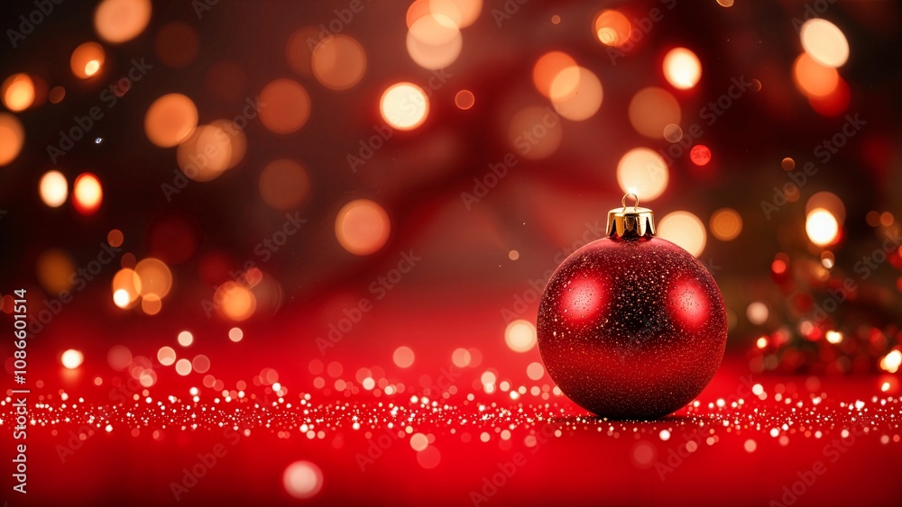 Christmas Banner Red Background. A vibrant red festive scene with dreamy blurred light orbs and a single shiny red ornament placed strategically 