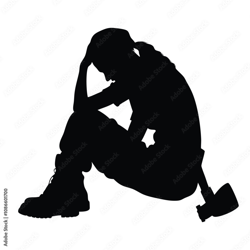 A woman is sitting on the ground with her head in her hands. She is wearing a black shirt and black pants A woman is sitting on the ground with her head in her hands. She is wearing a black shirt and black pants