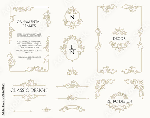Сollection of frames, borders, monograms and corners. Classic style, contoured ornamental pattern.