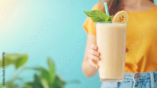 Woman enjoying a banana smoothie, healthy and weightloss friendly photo