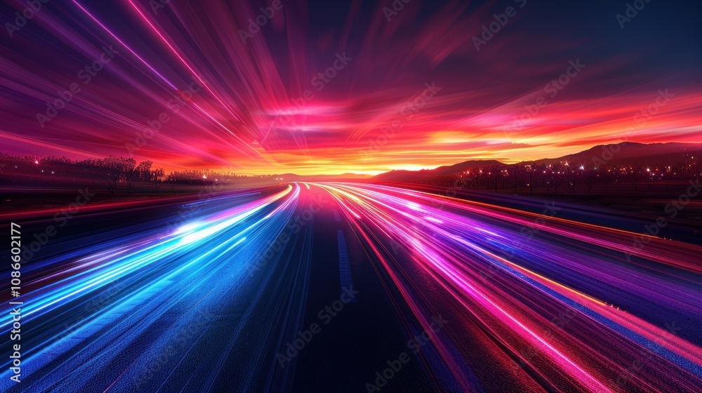 Sunset Highway with Colorful Light Trails Sunset Highway with Colorful Light Trails
