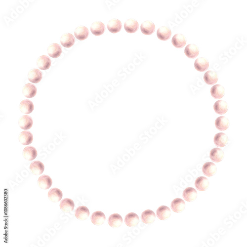 Pearl frame with pink bow Watercolor hand drawn illustration. Elegant rose pastel coloured wreath. Coquette girl, ladies style pearly ribbon for greeting, wedding, card, label Isolated from background