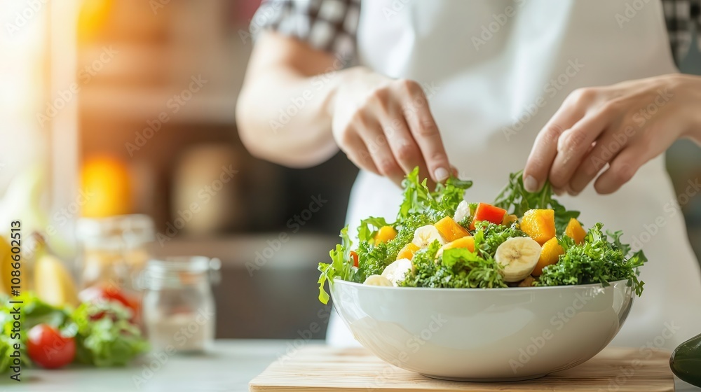 Woman preparing a fruit salad with banana, healthy diet recipe, weight control Woman preparing a fruit salad with banana, healthy diet recipe, weight control
