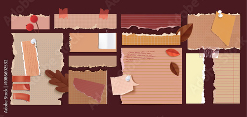 Autumn collage with torn paper in warm beige and terracotta colors, brown oak leaves, red berries and handwritten notes. Textured ripped pages for fall season scrapbooks or nostalgic mood boards.