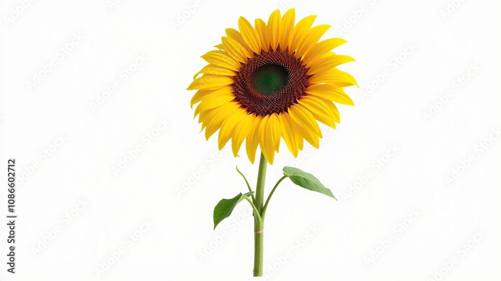 Fototapeta premium Big sunflower standing on a white background with bold outline, natural scenery, bold outline, engraving style