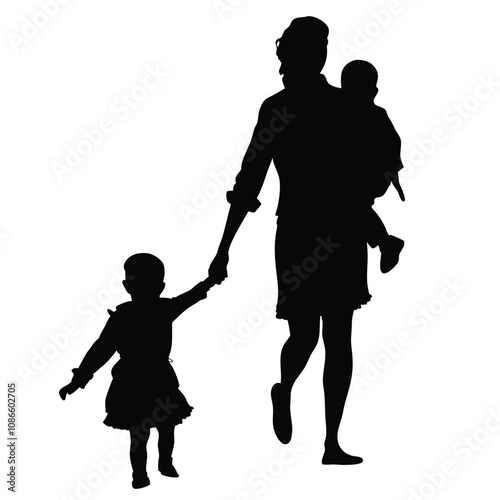 A woman is holding her two children. One child is holding the other child's hand. The woman is wearing a dress