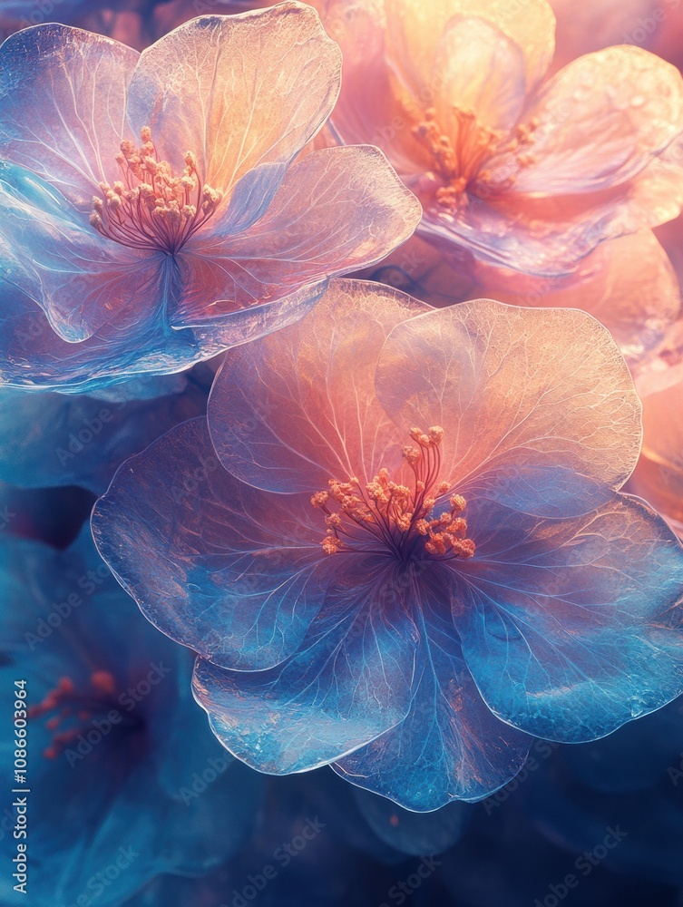 A bouquet of flowers with a blue and pink hue A bouquet of flowers with a blue and pink hue