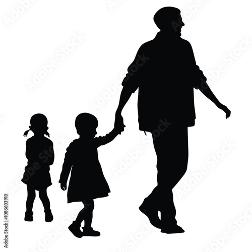 A woman is holding her two children. One child is holding the other child's hand. The woman is wearing a dress