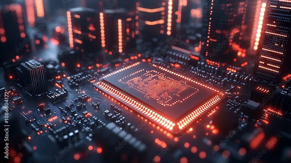 Artistic Interpretation of a Microchip Surrounded by a Futuristic Cityscape Illuminated by Neon Lights and Circuit Patterns Artistic Interpretation of a Microchip Surrounded by a Futuristic Cityscape Illuminated by Neon Lights and Circuit Patterns