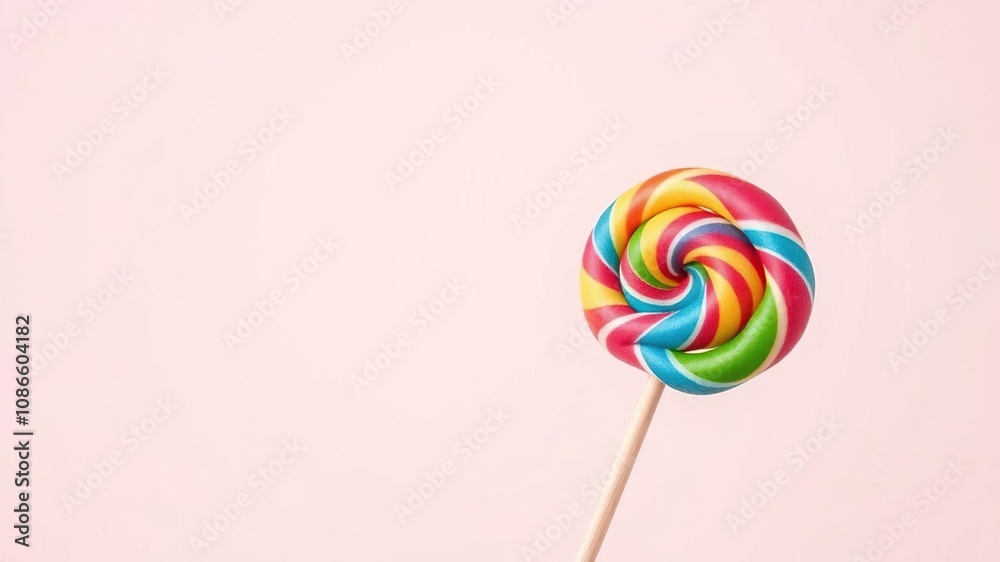 Colorful rainbow lollipop on a wooden stick against a plain background, simple design, rainbow, colorful lollipop