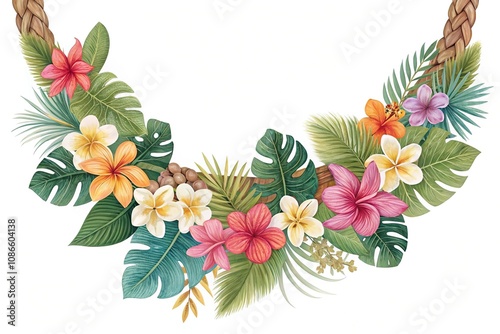 Colorful floral garland featuring tropical flowers and leaves in a woven pattern, nature, greenery, colorful flowers photo