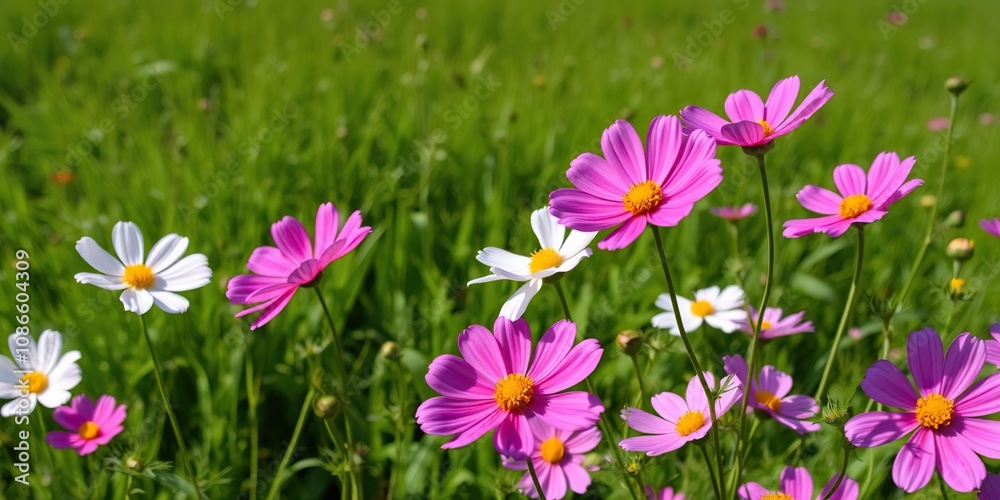 Cosmos flowers swaying in the wind amidst a lush green landscape, flora, field, botanicals Cosmos flowers swaying in the wind amidst a lush green landscape, flora, field, botanicals