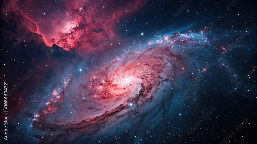 Cosmic nebulae swirl in shades of red and blue, cosmic landscape, star birthplace, interstellar gas Cosmic nebulae swirl in shades of red and blue, cosmic landscape, star birthplace, interstellar gas