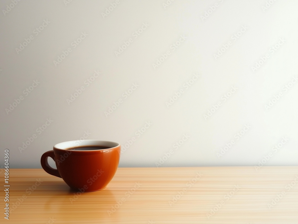 A cozy brown cup of coffee rests on a wooden table against a soft, minimalist background. Generative AI A cozy brown cup of coffee rests on a wooden table against a soft, minimalist background. Generative AI