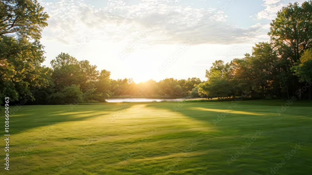 Park Landscape with Green Grass and Lush Trees