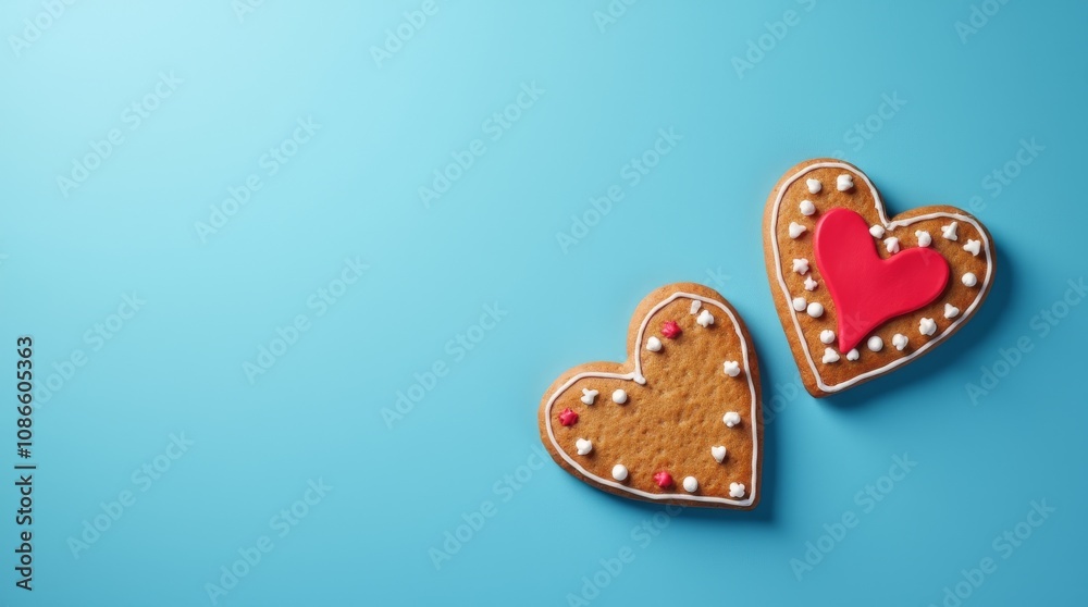 Two heart shaped gingerbread cookies with red and white decorations on a blue background. Flat lay composition with copy space Two heart shaped gingerbread cookies with red and white decorations on a blue background. Flat lay composition with copy space
