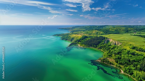 Serene Aerial View of Turquoise Ocean and Green Coastline