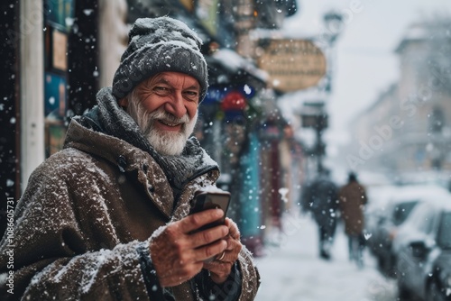 Aged man in casual winterwear smiling confident scrolling in smartphone, reading message standing in city street cold snowy winter day. Grey bearded Senior man outdoor. Christmas vibes, new year eve photo