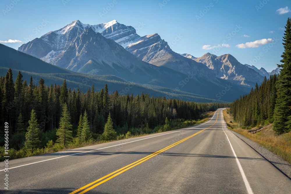 Empty stretch of asphalt road running parallel to a mountain range with a clear blue sky above and pine trees in the foreground, vast open space, serene atmosphere Empty stretch of asphalt road running parallel to a mountain range with a clear blue sky above and pine trees in the foreground, vast open space, serene atmosphere
