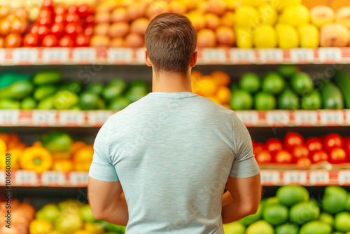 A man stands in a grocery store, contemplating his choices among colorful fruits and vegetables on display in the produce section during the afternoon photo