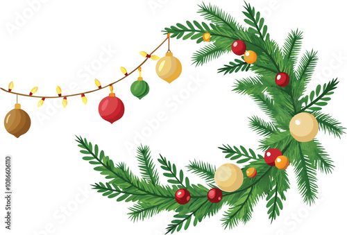 Christmas Tree Decoration with Festive Garland and Lights - Realistic Spruce Branch Frame.